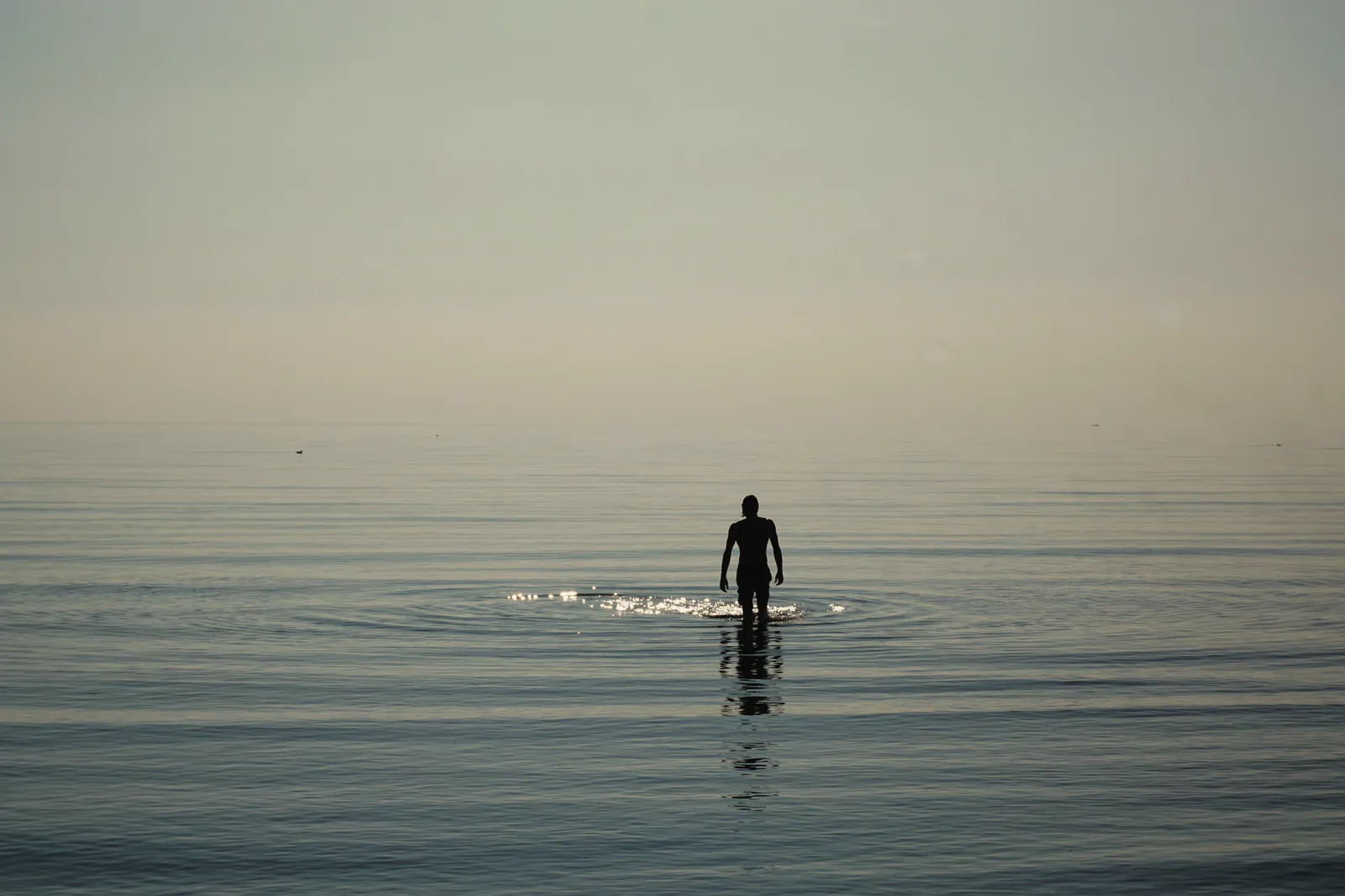 A lone swimmer wading out into a flat grey sea in the morning
